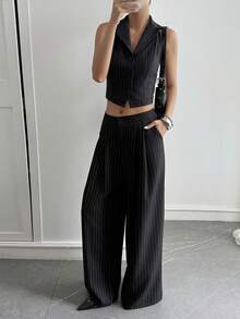 DAZY Women's Striped Open Front Casual City Sleeveless Blazer, Summer Business Attire - Black - View 4