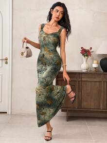 EastFlair Women's Elegant Floral Flocked Sleeveless Dress/Summer\Vacation\Wedding Guest Dress\Party - Green - View 2