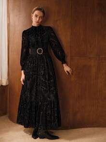 MOTF PREMIUM FLOCKING NOTCHED V NECK RUFFLE HEM DRESS