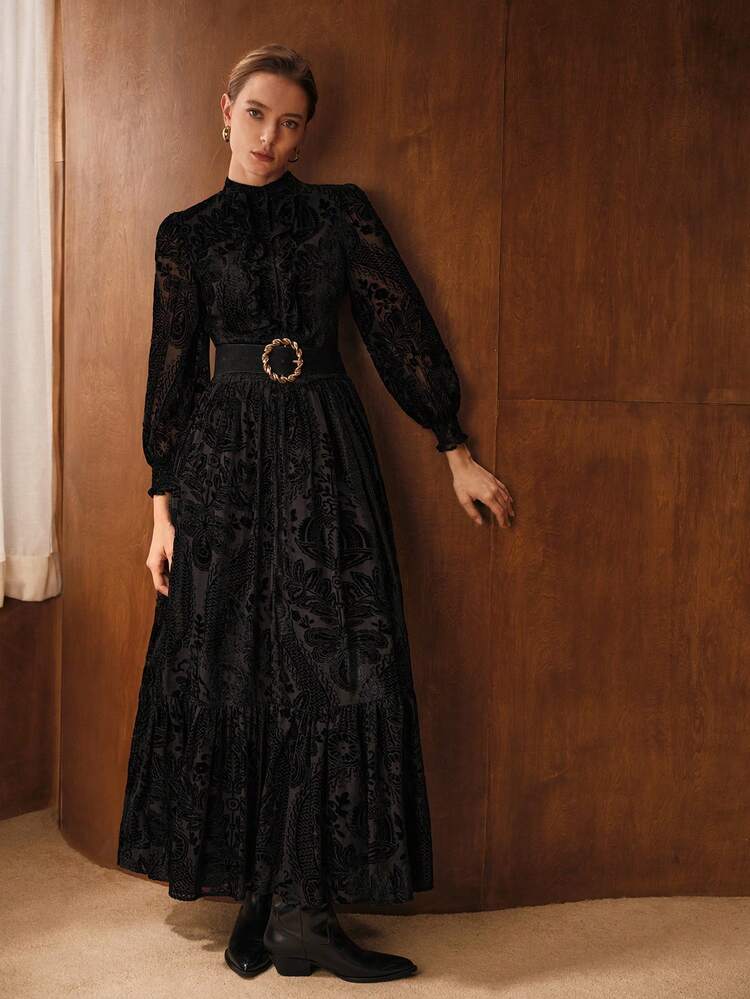 FLOCKING NOTCHED V NECK RUFFLE HEM DRESS