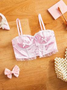 FairyFlirt Rosa Schleifenspitze süß, niedlich, mädchenhafter Stil Spitzenbesatz Schleife BH, Damen Wäsche