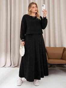 Auralis Plus Size Black Autumn Smart Casual Everyday Cloud Fleece Embroidered Ribbed Crew Neck Cropped T-Shirt & Long Ruffle Hem Skirt Two-Piece Set Modest - Black - View 6
