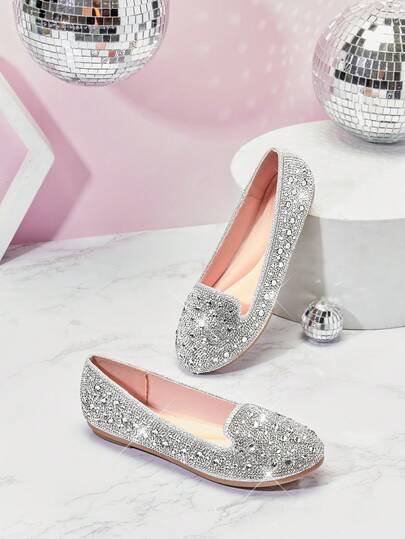 Mini mi Kids' Round Toe Rhinestone Embellished Memory Foam Silver Loafer Flats – Allover Sparkle With Cozy Comfort For Party & Play