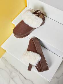 Mini mi Kids' Faux Fur Fluffy Collar Fabric Suede Chocolate Elastic Back Strap Slip On Platform Clogs – Soft & Comfy For Fun Days Out - Chocolate Brown - View 6