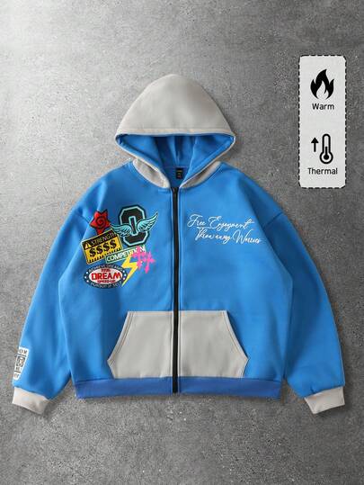 Street Life Sudadera con capucha de hombre con estampado de eslogan de color contrastante