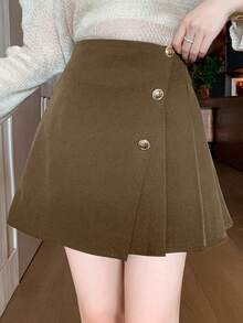 DAZY Women's Elegant Solid Color Asymmetric Pleated Skirt, Autumn/Winter - Brown - View 5