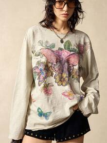 Bohemela Áo thun nữ cổ tròn tay dài dáng rộng, giặt thoải mái - Màu be - Xem 5