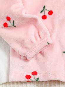 女童舒适休闲柔软双面法兰绒樱桃印花长袖长裤睡衣 - 粉色 - 查看 5