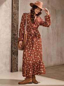 Wildy 美式休闲复古碎花长袖连衣裙，女士日常基本款穿搭，秋冬款 - 彩色 - 查看 4