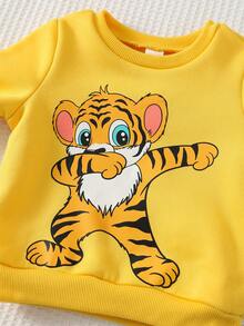 Cozy Pixies 2pcs Baby Boy Cartoon Animal Print Soft Knit Crew Neck Long Sleeve Sweatshirt And Elastic Waist Pants Set Baby Set Autumn Winter Season Baby Boy Clothes Yellow Baby Casual Sets Baby Cartoon Clothes - Multicolor - View 4