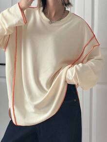 FRIFUL Women's Casual Loose Fit Round Neck Drop Shoulder Long Sleeve T-Shirt - Apricot - View 6