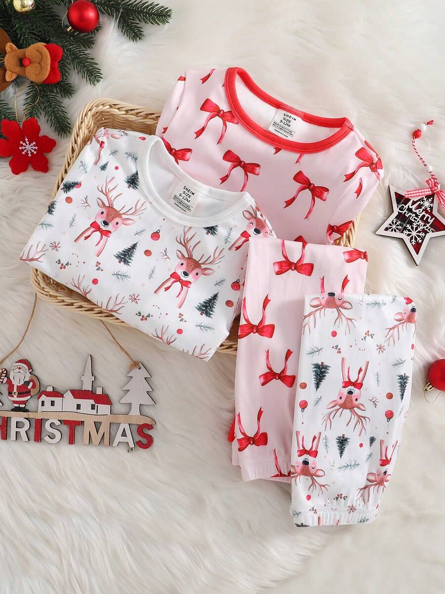Set de 2 piezas de pijama con leggings de manga larga con estampado de lazo y ciervo para niñas bebé - Multicolor - Ver 1