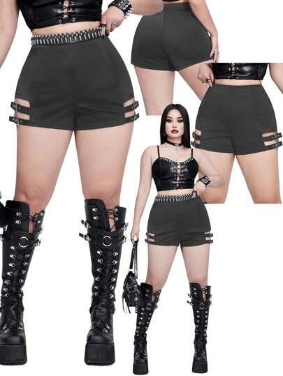 Whyspr 大码女式性感时尚夏季前镂空金属扣紧身短裤
