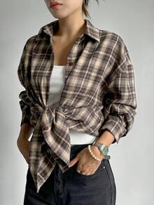 DAZY Women's Plaid Loose Turndown Collar Long Sleeve Shirt, Coffee Brown, Spring/Summer/Autumn