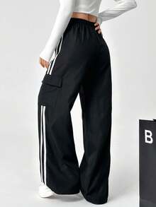 SHEIN EZwear 大码女式街头风格侧条纹抽绳工装裤 - 黑色 - 查看 5