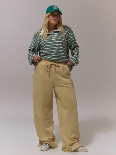 MUSERA Plus Size Fold Over Pocket Detail Elasticated Waist Jersey Wide Leg Trousers