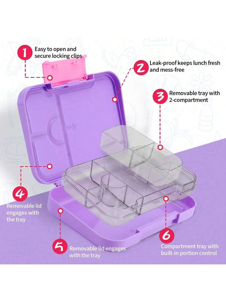 Tritan材质闪光便当盒 - E型午餐盒 - 4-6格，防漏，便携提手，微波炉/洗碗机适用 - 紫色935C - 查看 1