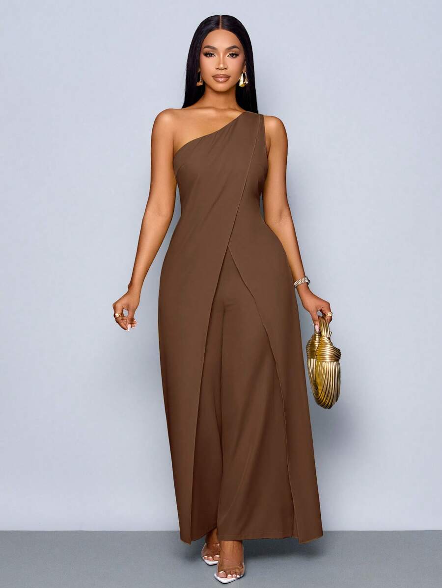 SOLERSUN Mono de pierna ancha con abertura, sin mangas y de un solo hombro, de moda para mujer en primavera y verano - Café integral - Ver 1