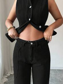 Elenzga 女士休闲日常通勤简约纯色无袖单排扣修身牛仔上衣和直筒牛仔裤套装 - 黑色 - 查看 6