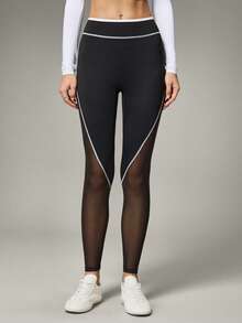 Hanevo 女士撞色滚边修身拼接透视健身运动紧身裤 - 黑色 - 查看 5