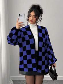 Elenzga 秋冬时尚休闲撞色棋盘格纹宽松开衫，女款，大码可选，适合外出、度假、派对等场合。 - 藍色 - 查看 5