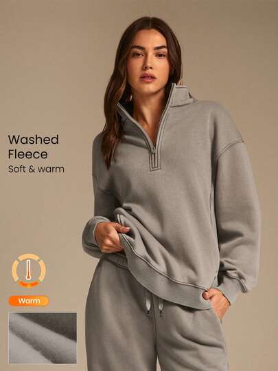 GLOWMODE Everyday Fleece Frosted Comfort Soft Warm Acid Wash Relaxed Fit Half-Zip Sweatshirt Autumn Winter Outdoors Daily Casual Wear