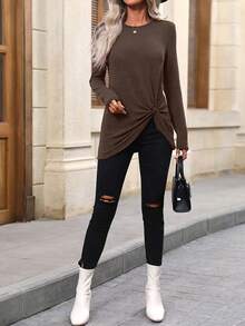 EMERY ROSE 女士休闲纯色扭结前襟长袖T恤，秋季款 - 咖啡棕 - 查看 3