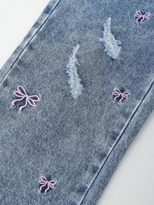 SHEIN Explorewe Young Girls Jeans, New Arrival, Medium Blue Denim, Casual Cute Style, Butterfly Embroidery + Distressed Detailing, Cute And Fashionable, Straight Leg, Comfortable Cotton Denim, Suitable For Daily Outings, School, Commute, Home, Parties, Autumn New Product - Medium Wash - View 7