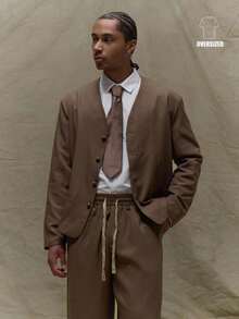Musero Blazer inteligente sin cuello de manga larga y sobredimensionado con botones para hombre, para otoño, primavera y verano - Marrón - Ver 1