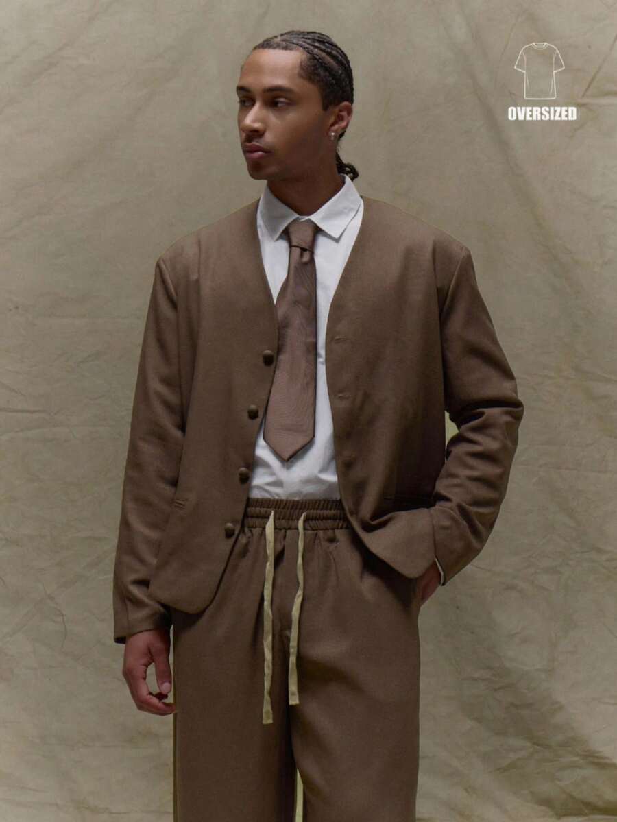 Musero Blazer inteligente sin cuello de manga larga y sobredimensionado con botones para hombre, para otoño, primavera y verano - Marrón - Ver 1
