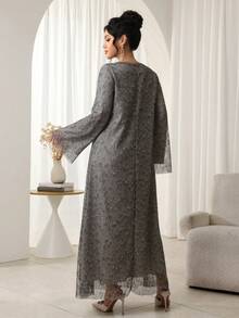 Al Najma 宽松休闲网纱土耳其长裙及阿拉伯传统长袍，秋冬款 - 灰色 - 查看 2