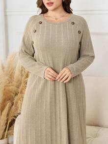 SHEIN Lacomfia Knitted Ribbed Fleece Raglan Sleeve Long Loose Comfortable Casual Simple Plus Size Dress For Women - Khaki - View 1