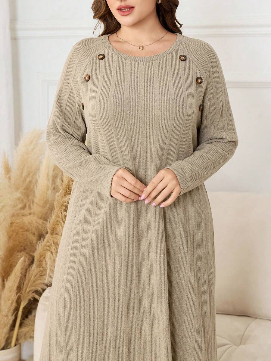 SHEIN Lacomfia Knitted Ribbed Fleece Raglan Sleeve Long Loose Comfortable Casual Simple Plus Size Dress For Women - Khaki - View 1