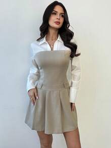 Firerie Women's Elegant White Autumn Office Dress,Casual Commuter Linen Color Block Long-Sleeved Pleated Skirt,Old Money Style Graduation Formal Wear - Apricot - View 5