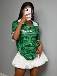 Slaydiva 2026 Spring/Summer New Arrivals Valentine's Day, Music Festivals, Easter, Western Style, Nomadic Style, Bohemian Style, Nashville Style, Party,Travel, Beach, Seaside, Sunbathing, Street Style, Sexy Club, Y2K, Punk Racing, Street Style, Polo Collar Figure & Letter Graphic Short Sleeve T-Shirts - Multicolor - View 7