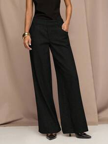 SHEIN BAE 女式休闲日常通勤简约纯色侧袋阔腿裤，不含腰带 - 黑色 - 查看 5