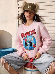Popeye X SHEIN Women's Casual Letter & Cartoon Pattern Round Neck Drop Shoulder Sweatshirt, Autumn - Pink - View 1
