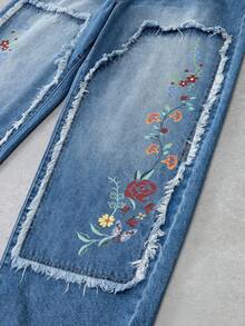 Manfinity Denimwave 男士休闲街头水洗蓝色直筒宽松印花牛仔裤，秋冬宽松阔腿毛边印花蓝色街头休闲做旧牛仔裤，适合Y2K和圣诞节穿着。 - 藍色 - 查看 7