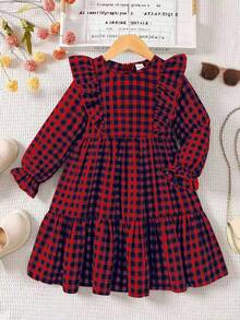 Emery Rose Kids 少女 小女孩 双胞胎女孩 格子宽松可爱休闲格子图案荷叶边荷叶袖灯芯绒法式连衣裙，长袖连衣裙，秋冬格子连衣裙，夏秋，非常适合休闲日常穿着和上学日常穿着，母女和姐妹装。 - 酒紅色 - 查看 2
