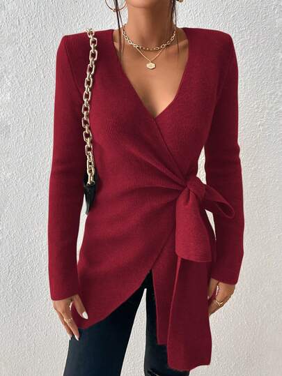 Firerie Women's Solid Color Minimalist Lace-Up Long Sleeve Pullover Sweater, Everyday Wear,Christmas Sweater Women,Red Top,Christmas Sweater,Fall,Fall Clothes For Women,Winter Clothes For Women