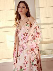 MOTF PREMIUM FLORAL PRINT CONTRAST PIPING ROBE - Pink - View 4