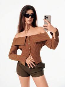 Almamuse Ruffle Off-Shoulder Fitted Waist Vintage French Elegant Blouse, Autumn - Coffee Brown - View 5