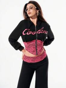 SHEIN Unity 两件套女士蕾丝拼接连帽拉链长袖上衣和裤子套装 - 黑色 - 查看 3