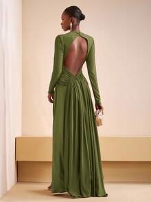 Zivah 2025 初秋夏季新款日常约会通勤商务女士优雅沙滩游轮派对简约流行生日派对高端交叉露背长袖针织拼接缎面亮面面料女士修身长裙-A - 軍綠色 - 查看 4