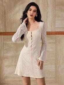 Modelyn Women's Sexy Lace Off Shoulder Cinched Waist A-Line Long Sleeve Dress, Autumn - Apricot - View 4