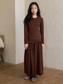 Dazy Kids 2pcs/Set Tween Girls Crew Neck Long Sleeve Knit Top And Skirt Outfit, Fall - Brown - View 3