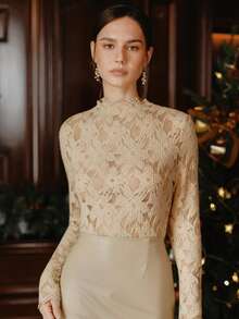 Anewsta 1件女士优雅纯色长袖镂空弹力T恤 - 杏色 - 查看 4