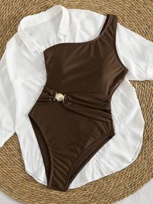 Swim Chiccia Fashion 2026 Women's Elegant Brown Sculpt Ribbed Knit One Shoulder One Piece Swimsuit, Tummy Control Slimming Monokini With Gold Metal Buckle Waist Detail, Casual Elegant Asymmetric Neck High Cut Cheeky Swimwear For Summer Vacation Beach Resort Wear, Holiday Outfits Pool Party Elegant Brown One Piece Bathing Suit For Women - Brown - View 7