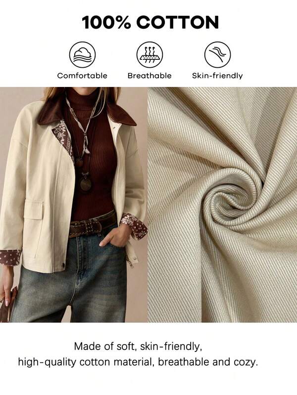 Florisole Chaqueta holgada de manga larga de color caqui con cuello vintage de patchwork, bolsillos dobles y textura, para invierno