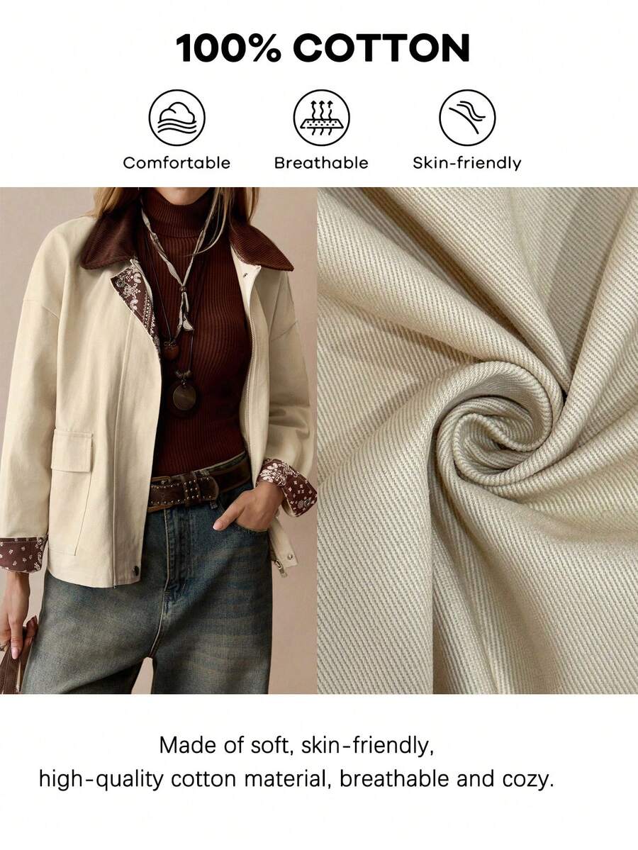 Florisole Women's Vintage Patchwork Collar Textured Dual Pocket Loose Fit Long Sleeve Khaki Jacket, Winter - Khaki - View 1